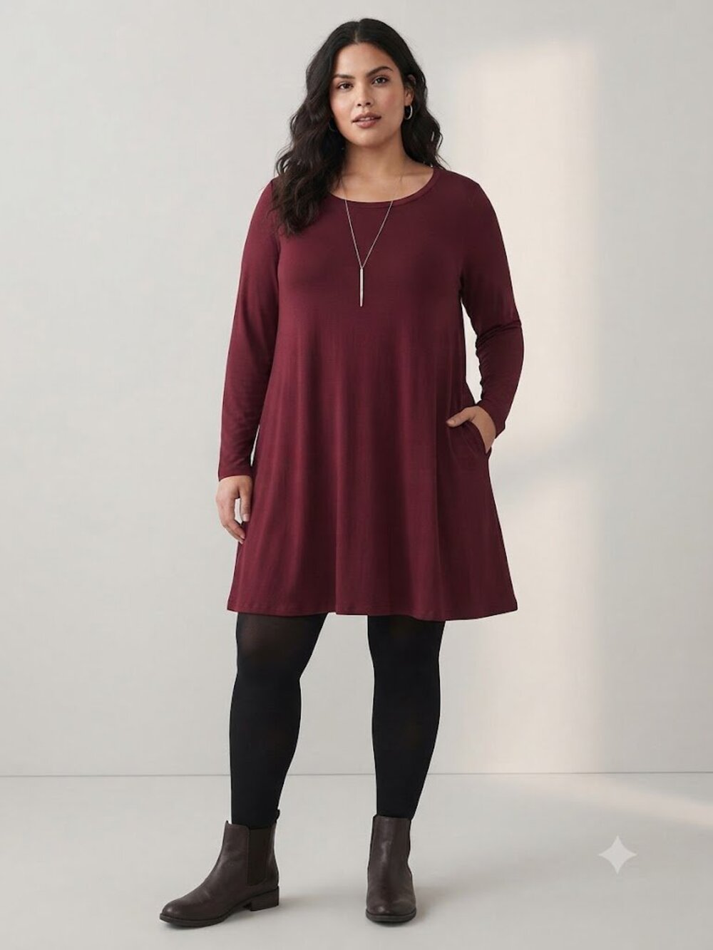 Himone Burgundy Long Sleeve Swing Tunic Dress with Pockets Plus 2XL